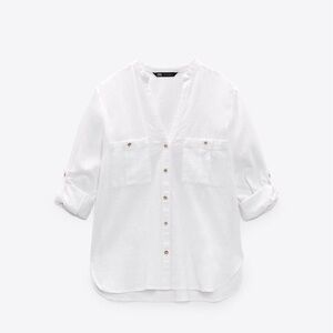 Zara White Linen Button-Up Blouse Summer Resort Vacay Cover up